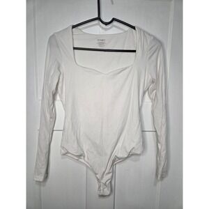 Pumiey White Long Sleeve Bodysuit Sweetheart Square Neck Thong Snap Medium